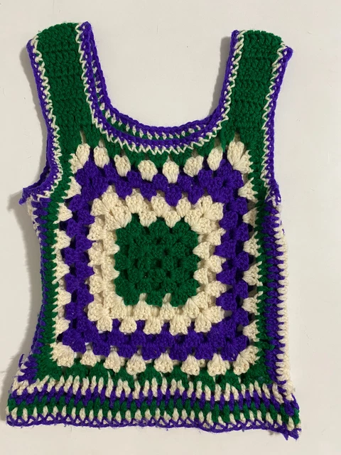 Vintage 1960’s Handmade Crochet Granny Square Vest Purple Green White Youth Size