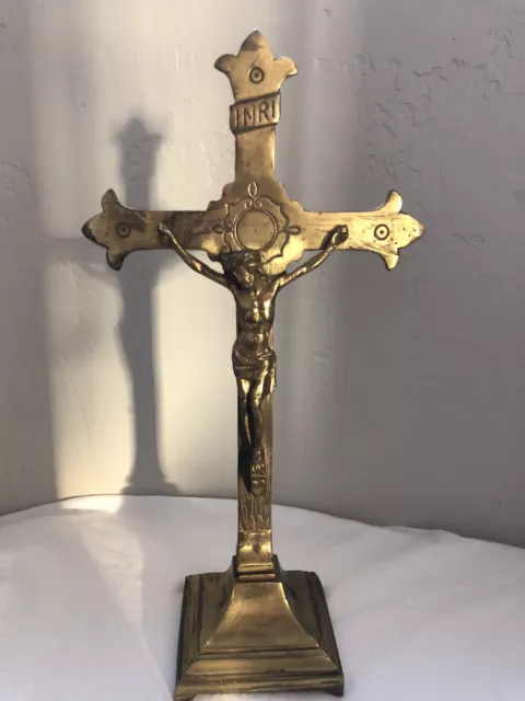 Antique 11" Altar Cross Jesus Of Nazareth Metal Catholic Religious Crucifix