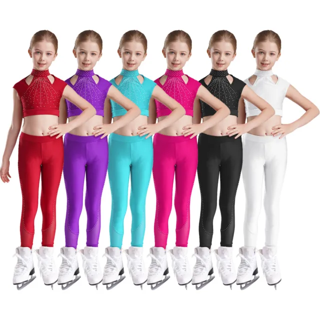 Kids Girls Crop Top And Leggings Ballet Tracksuits Figure Skating Outfits Yoga