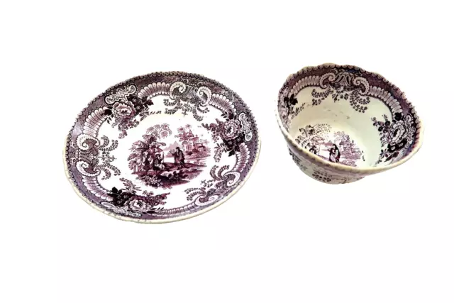 Antique 1800's Purple Transferware Cup and Bowl / Saucer Staffordshire, Adams ??