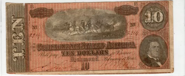 T-68 PF-44 1864 $10 Confederate Paper Money - RED!