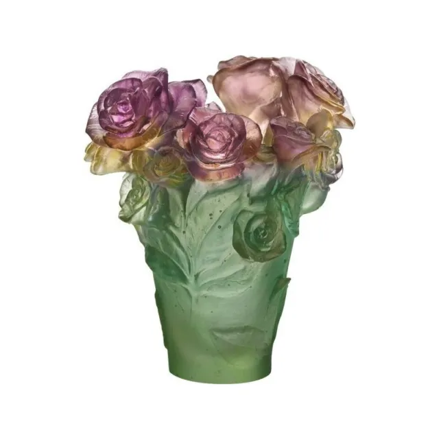 New Daum France Numbered Ed Rose Passion Green & Pink Vase #05287 Brand Nib!!