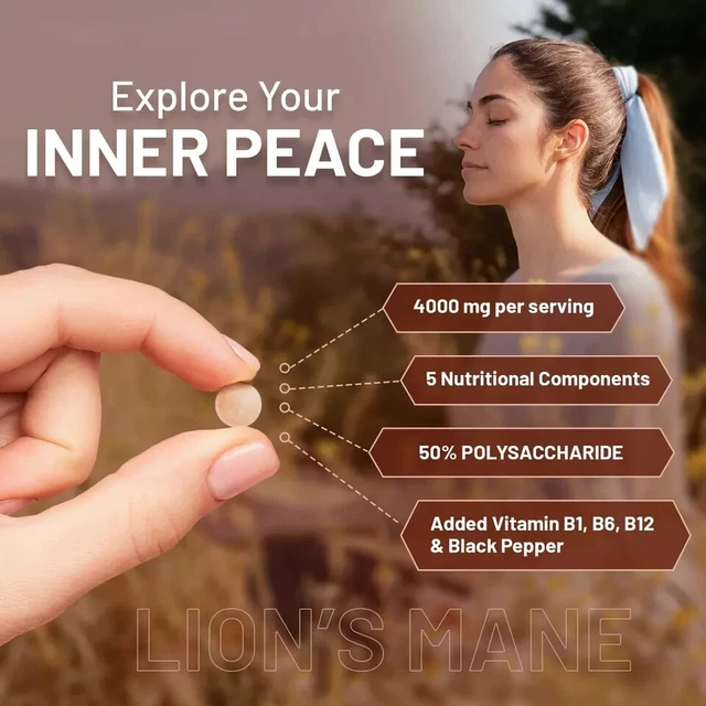 LIONS MANE MUSHROOM 4000mg with Vitamin B1, B6, B12 & Black Pepper 180