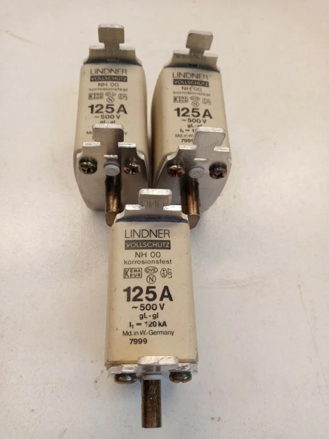 3x Lindner 7999, 125A 500V, Sicherungseinsatz, NH00 gL/gI, Sicherung, Vollschutz
