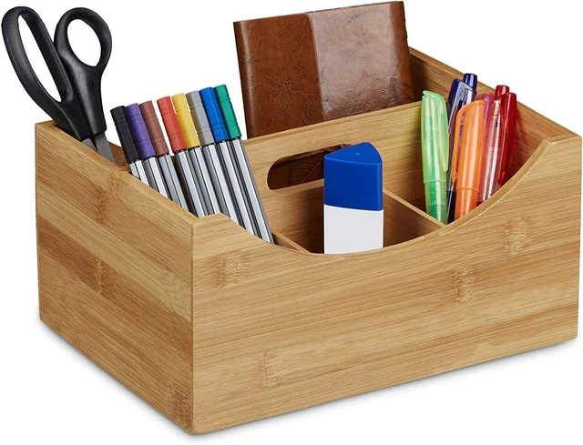 Schreibtisch-Organizer Relaxdays Bambus Stiftebox 4 Fächer, Griff, HxBxT: 12x25x