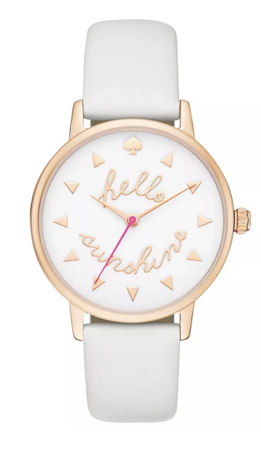 KATE SPADE Metro Women’s White Leather 34mm Rose Gold Watch “Hello Sunshine”