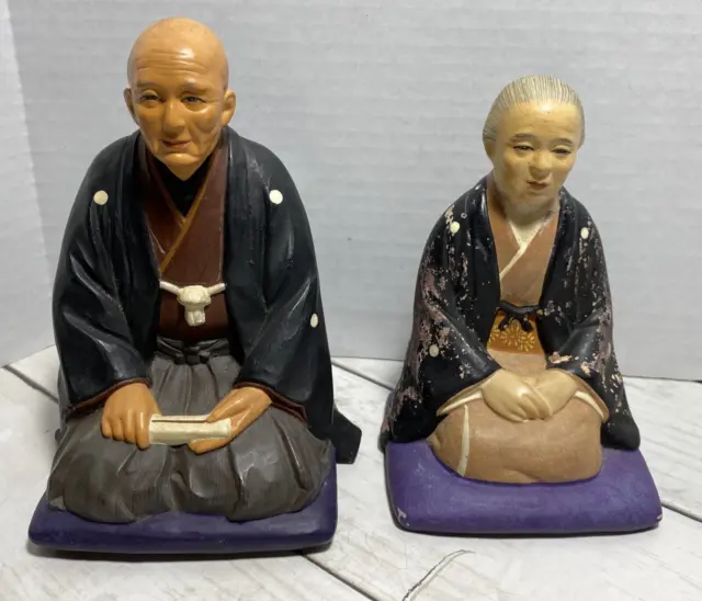 JAPANESE HAKATA Elderly Old Couple Man & Wife Figures  See Description
