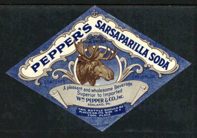 1930s PEPPERS SARSAPARILLA SODA BOTTLE LABEL DIAMOND SHAPE - MOOSE HEAD