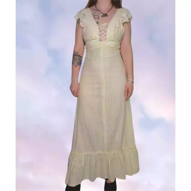 60s 70s Vintage Long Maxi Prairie Cottage Cream Cotton Lace Up Frill Dress Sz XS