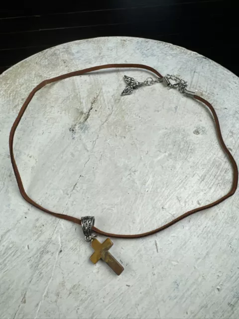 Leather Cross Necklace Bracelet Stone Pendant Clasp Closure Christian Brown Set 2