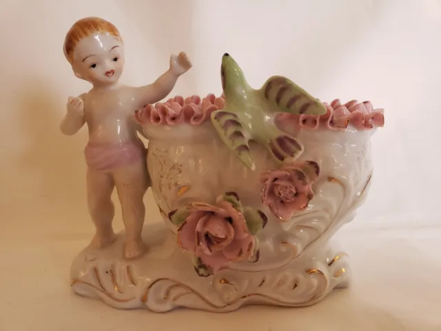 Vintage Porcelain Cherub Figurine Roses Bird Tub Gold Trim