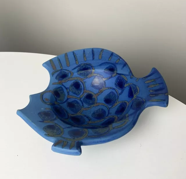 Vintage [ Ceramic FISH SHAPED BOWL ] Blue Glaze Hand Painted ART Pottery Signed