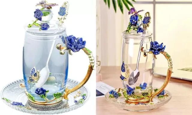 Glass Tea Cup Coffee Mug, Handicraft 3D Vintage Flower 4 Piece Set, Blue Rose