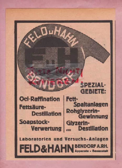 BENDORF, Werbung 1933, Feld & Hahn Apparate-Bau-Anstalt Öl-Raffination Labor