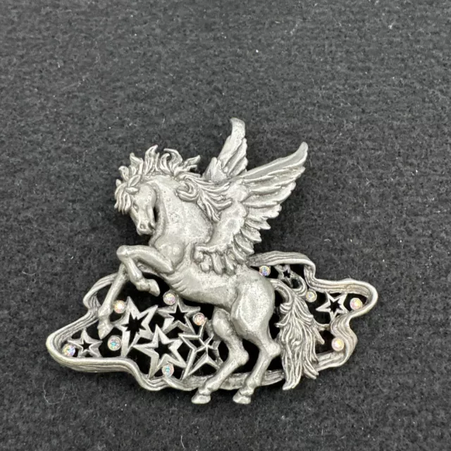 Vintage Signed JJ Jonette Pewter Tone Rhinestones Pegasus Horse Stars Brooch Pin