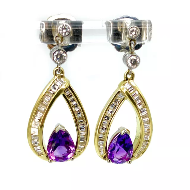 18K Yellow Gold, Diamond, & Amethyst Tear Drop Dangle Earrings