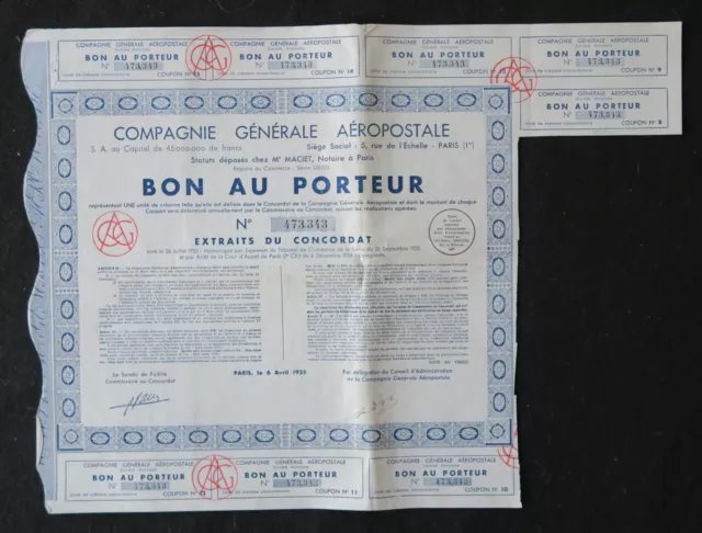 Action 1935 COMPAGNIE GENERALE AEROSPACIALE PARIS  titre bond share 4