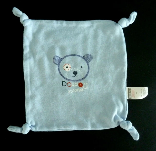 37 - Doudou Plat Absorba Ours Bleu Rouge Blanc Tete D'ours Neuf
