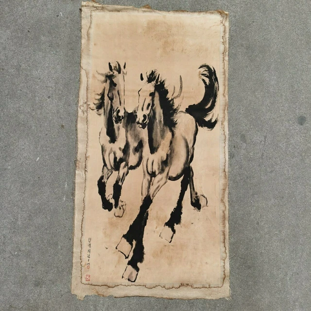 Chinese Old Scroll Xu Beihong - Shuangma Rice Paper Painting Slice