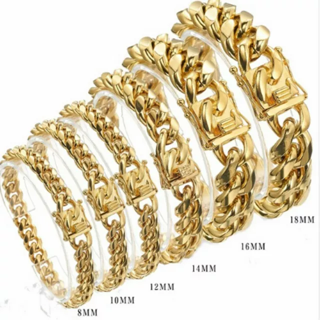 8mm-18mm Fashion 18K Gold Men's Miami Curb Cuban Chain Bracelet Stainless Steel