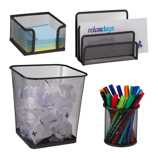 Schreibtisch Organizer 4er Set, Drahteimer, Sortierablage schwarz, Briefständer