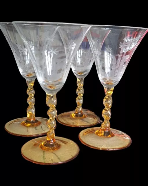 Super Vintage Set of 4 Etched Amber Twisted Stem Sherry Glasses