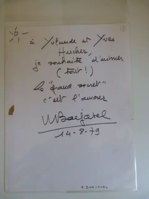 BARJAVEL, lettre autographe signée et adressée à Yolande et Yves HUCHER