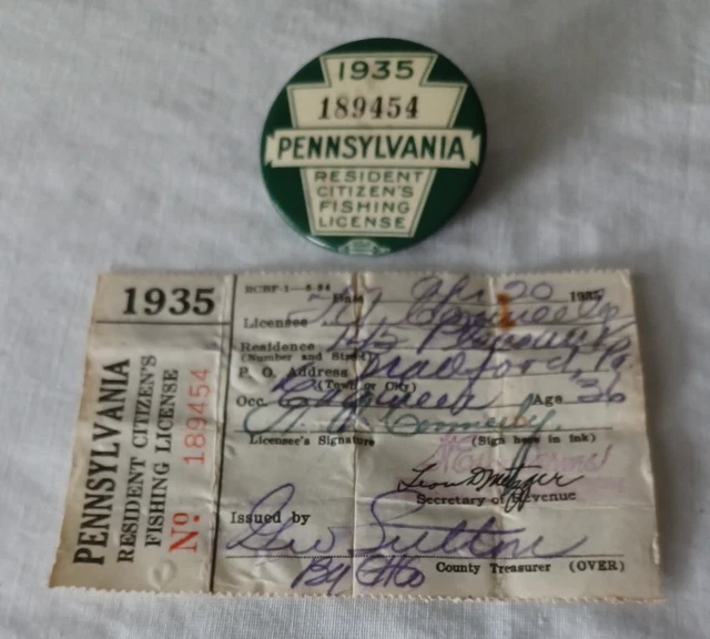 Épingle Bouton Vintage 1927 - Permis De Pêche Résident De Pennsylvanie (USA) - Excellent état