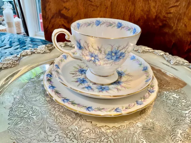 Vintage Royal Tuscan trio, cup & saucer, plate Love In The Mist pattern blue