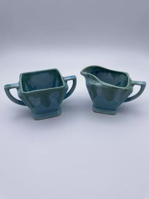 Vintage Dryden Creamer Sugar Blue & Green Drip Arkansas Pottery