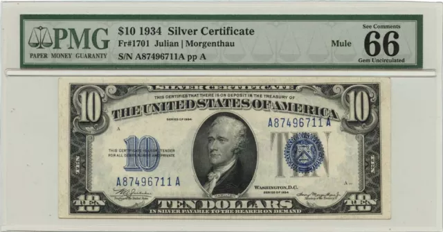 1934 $10 Silver Certificate Blue MULE Fr# 1701 PMG GEM 66 EPQ
