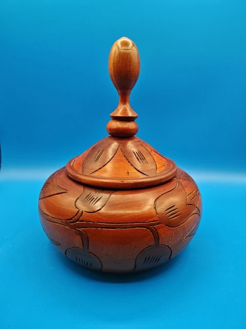 Beautifully Hand Carved Floral Large Wooden Bowl w/ Lid Vintage