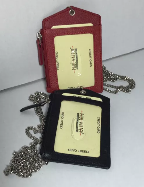 New Set Of 2 Leather Id Badge Holder Red/Black Zippered Lanyard With Neck Chain
