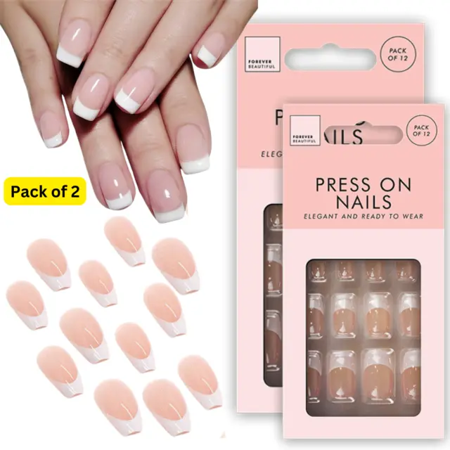 24x Short Square False Nails French Manicure Fake Tips Press On Full Cover Nails