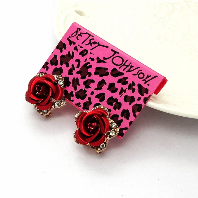 Betsey Johnson Fashion Red Rose Alloy Crystal Bling Wonmen‘s Earring
