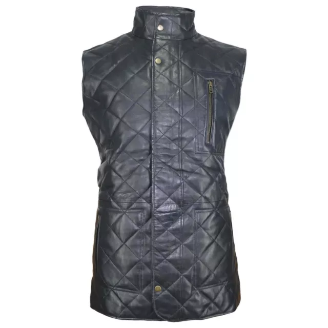 Real Lambskin Leather Waistcoat Men's Navy Blue Diamond Quilted Vest Coat Jacket