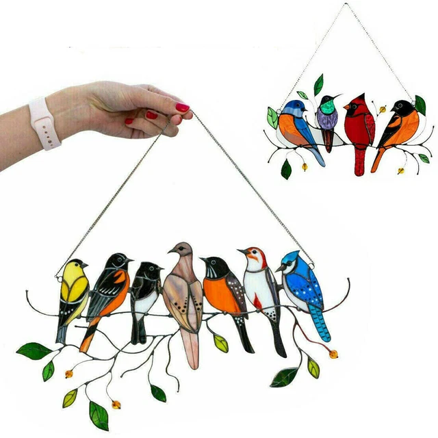 Home Decor Multicolor Acrylic Panel Bird Stained Glass Window Suncatcher Hanging
