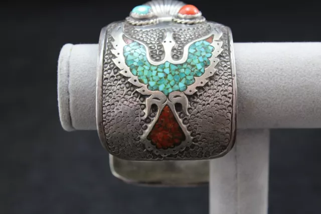 Vintage Signed Navajo Turquoise Coral Inlay Sterling Silver Watch Cuff Bracelet 3