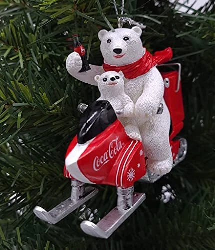 Kurt Adler Coca-Cola Polar Bear With Cub Riding Snow Mobile Ornament for Chri...