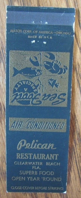 Animal Lobster Matchbook Matchcover: Pelican Restaurant (Clearwater, Florida) F1