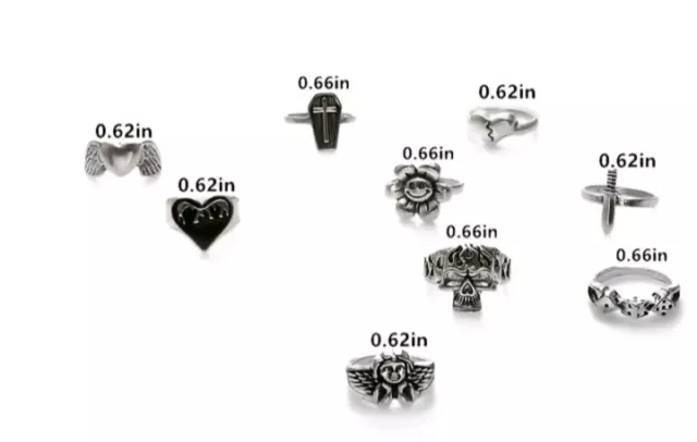 Lot Of 9 Rings Silvery Goth Punk Jewelry Skull,Hearts,Dice,Coffin, Dagger,Angel