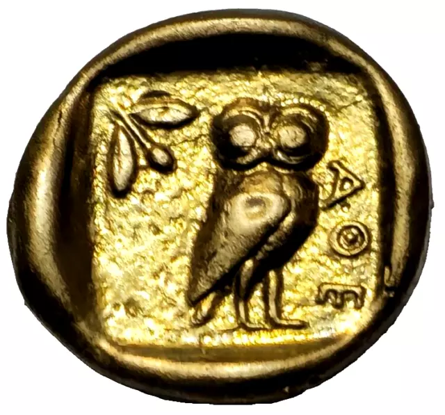 Ancient  Greek Gold Electrum Low Carat Drachm Coin Of Athena/Owl.5,9 Gr.20 Mm