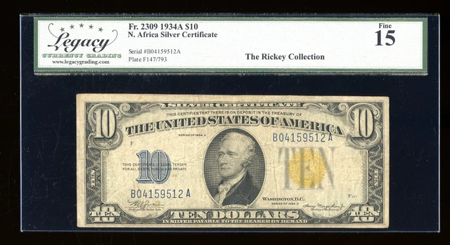 DBR 1934-A $10 North Africa Silver Fr. 2309 Legacy 15 Serial B04159512A