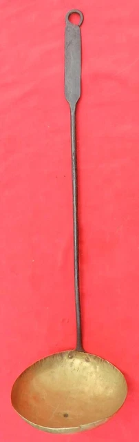 Antique 19th C Hand Forged Wrought Iron & Brass Large Bowl Ladle