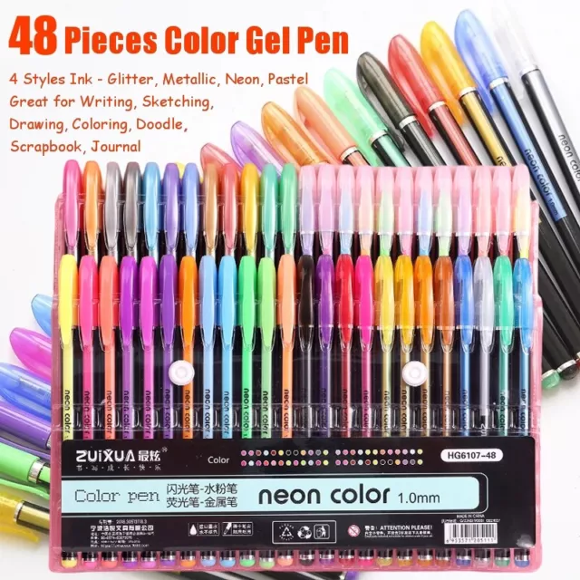 48 Pcs Color Gel Ink Pen 1.0mm Glitter Metallic Neon Pastel Art Drawing Coloring