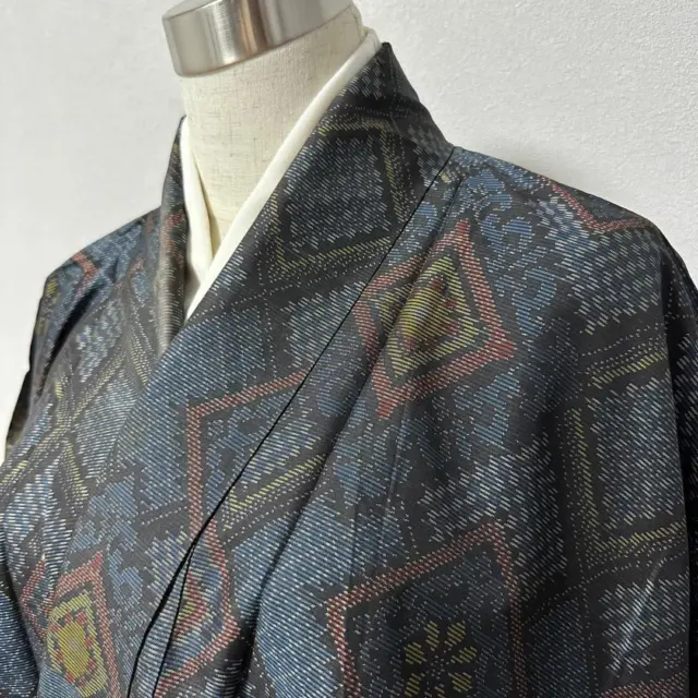 Japanese Kimono Oshima Tsumugi Silk Pongee Weave 160cm Square Pattern Blue