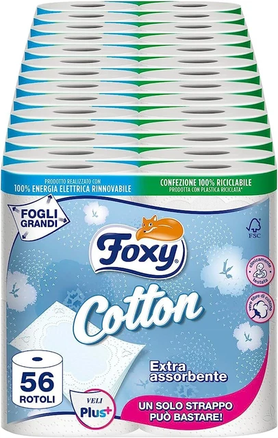 ✅Foxy Cotton, Carta Igienica 5 Veli, 56 Rotoli, 115 Strappi per Rotolo✅