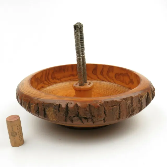 Vintage Mid Century Round Nut Bowl Rustic Wood Tree Bark 10” Picks Cracker MCM
