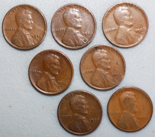 7 Coin Lot 1926 D & S Lincoln Wheat Cents 1c US Pennies Coins Circulated YG