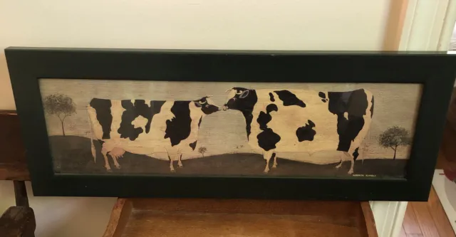 Warren Kimble Kissing Cows Americana Farmhouse Print in Dark Green Wooden Frame